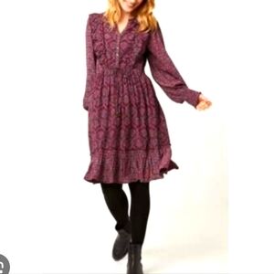 Fat Face Tie dress knee-length boho floral long-sleeved ruffles Crochet.